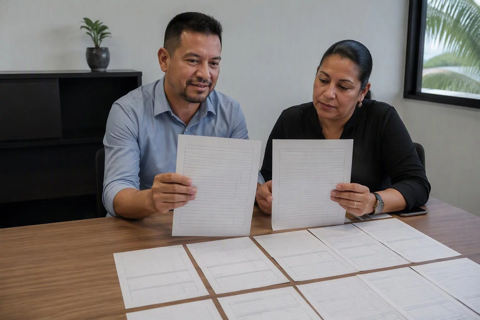Duas pessoas comparando documentos de duas unidades sobre a mesa