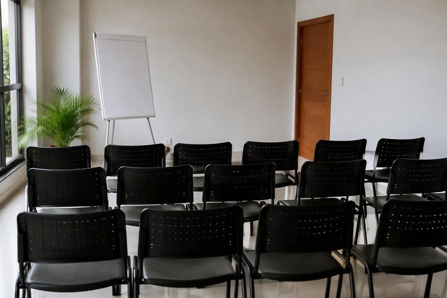 Cadeiras enfileiradas na sala de treino antes da turma chegar