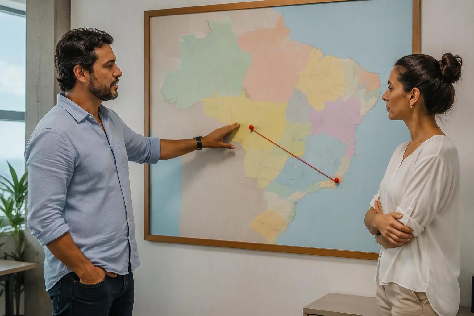 Consultores diante de um mapa do Brasil com duas cidades marcadas